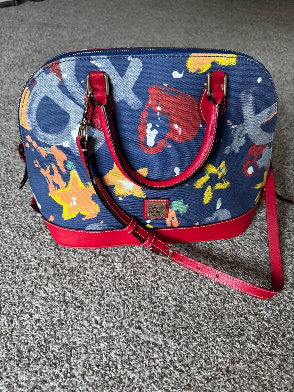 Dooney & Bourke Navy Multi Canvas Satchel with Red Trim and Colorful Print